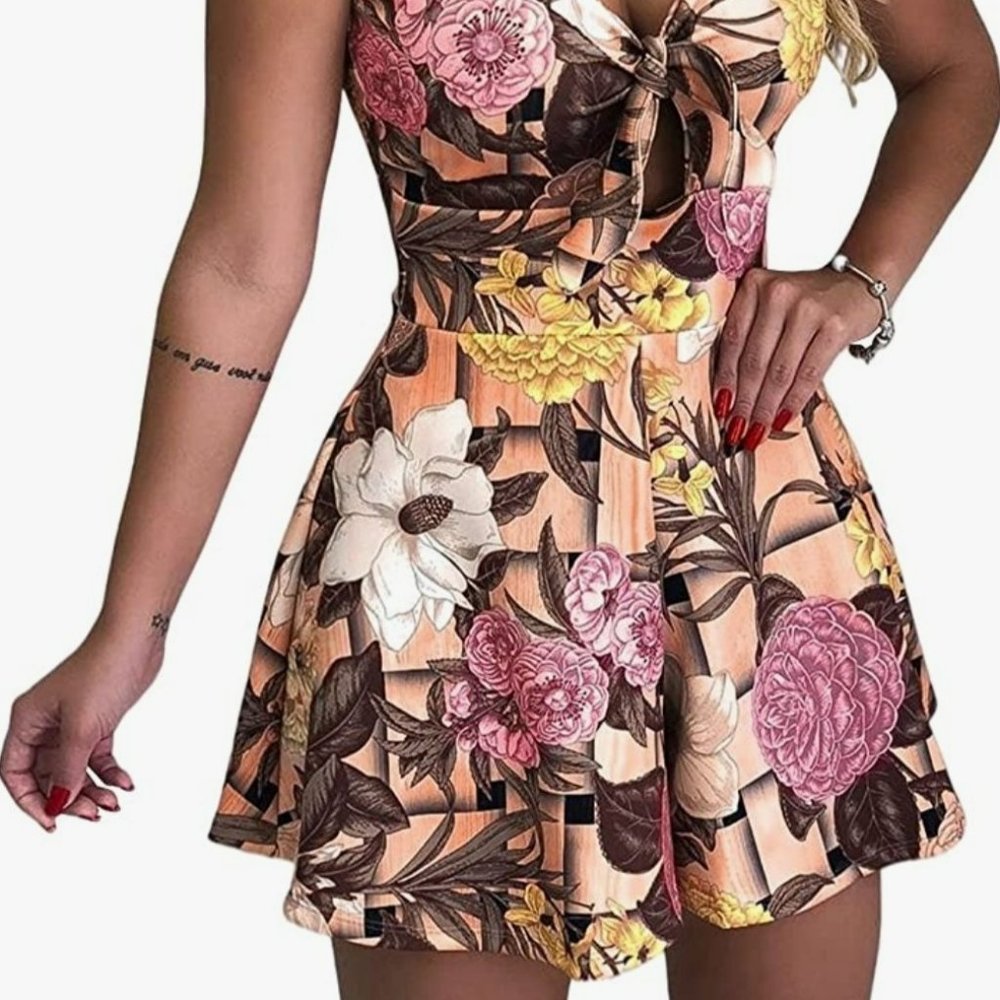 Floral Print Spaghetti Straps Sleeveless V Neck Front Tie Knot Rompers XL